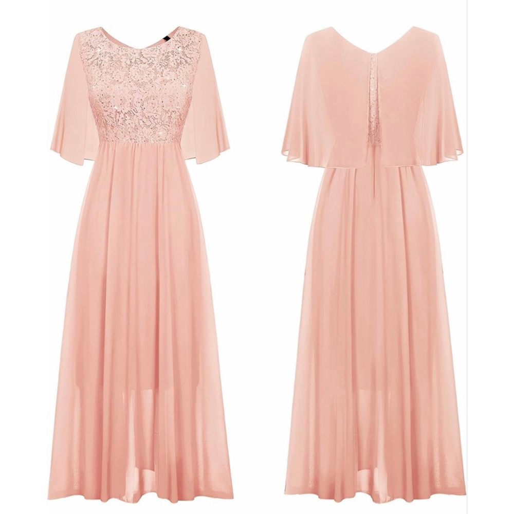 NEW Pink Wedding Guest Cocktail Formal Cape Ruffle Long Maxi Dress XL - Picture 6 of 9
